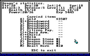 Dragon Wars Screenshot - Skills and Inventory