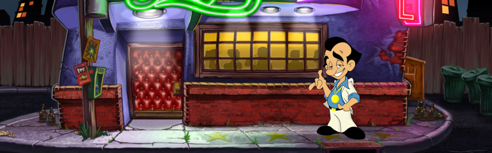 Leisure Suit Larry infront of Lefty's Pub